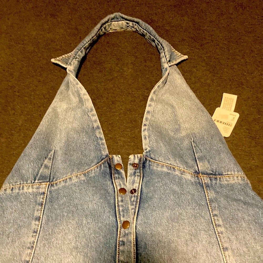 Denim dress. Collared halter, button down, has pockets!